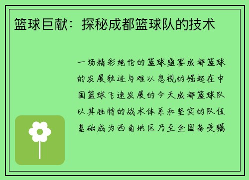 篮球巨献：探秘成都篮球队的技术