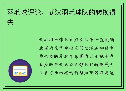 羽毛球评论：武汉羽毛球队的转换得失