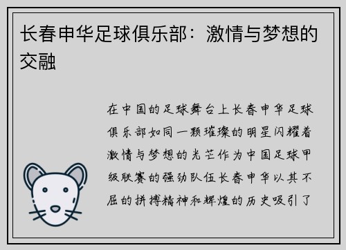 长春申华足球俱乐部：激情与梦想的交融